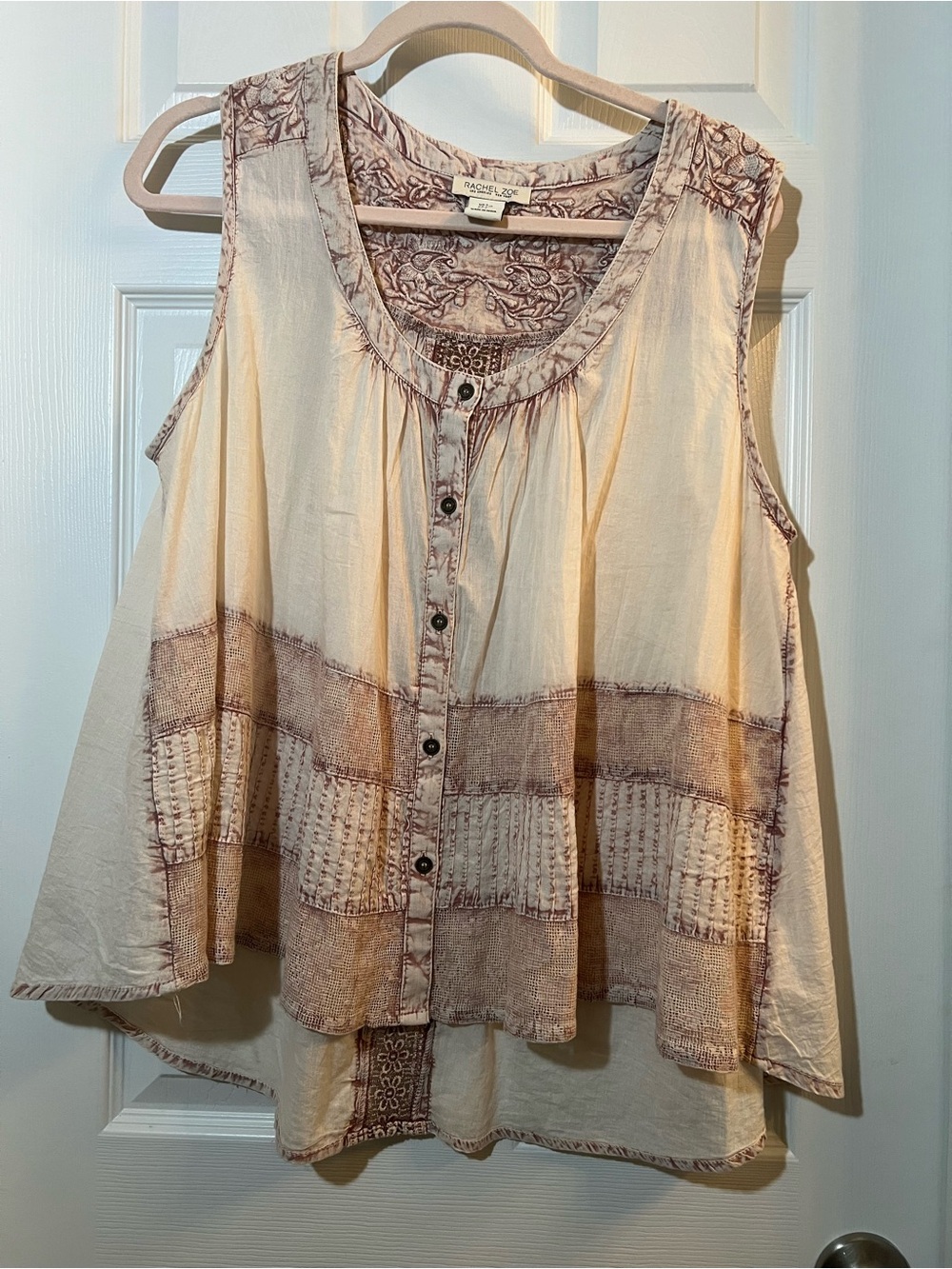 🦋 Rachel Zoe Cream and Brown Patchwork Button Tank size large